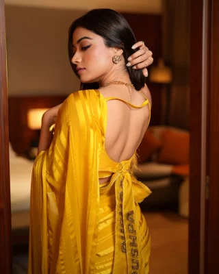 ব্লাউজের ফিতায় এমব্রয়ডারির নকশায় ছিল 'পুষ্পা' লেখা। ছবি: ইন্সটাগ্রাম থেকে ব্লাউজের ফিতায় এমব্রয়ডারির নকশায় ছিল 'পুষ্পা' লেখা