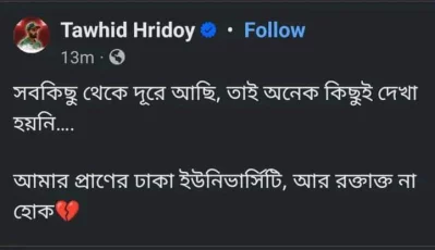 তাওহিদ হৃদয়ের ফেসবুক পোস্ট।