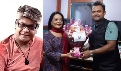 সাবিনা ইয়াসমিনের সঙ্গে গীতিকবি ফারুক আনোয়ার (বাঁয়ে) ও সংগীত পরিচালক সম্রাট আহমেদ। ছবি: সংগৃহীত
