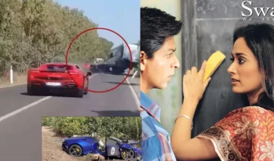গাড়ি দুর্ঘটনা ও স্বদেশ সিনেমায় শাহরুখ ও গায়ত্রী। ছবি: সংগৃহীত