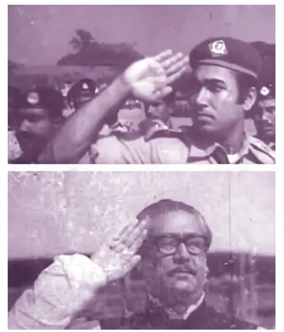 ছবিটির দৃশ্যে খসরুর স্যালুট নিচ্ছেন বঙ্গবন্ধু