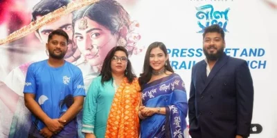 নীল সুখ ট্রেলার প্রকাশ অনুষ্ঠান ভিকি-মেহজাবীনরা। ছবি: বিঞ্জ