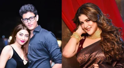 শ্রাবন্তীর পাশে ছেলে ঝিনুক ও তার প্রেমিকা। ছবি: সংগৃহীত
