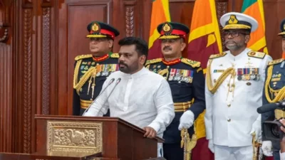 শ্রীলঙ্কার বর্তমান প্রেসিডেন্ট অনুরা কুমারা দিসানায়েকে। ছবি: রয়টার্স